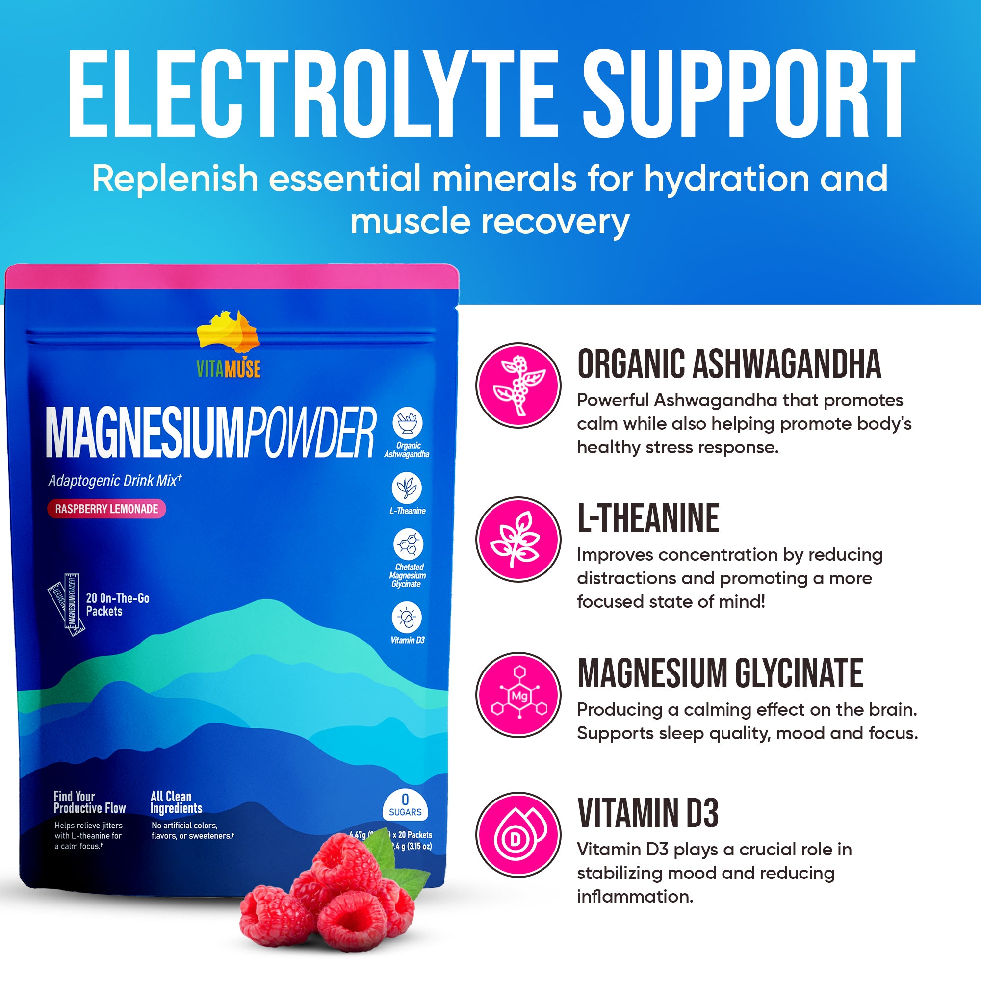 VITAMUSE Magnesium Powdered Drink Mix – Raspberry Lemonade (20 Pack)