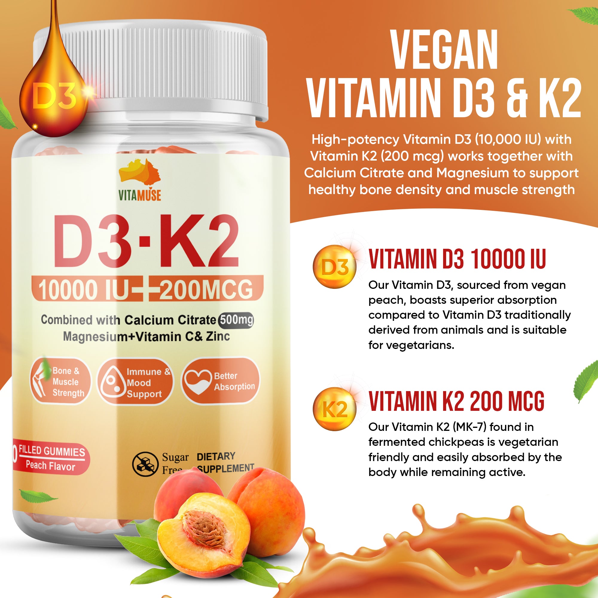 D3 K2 Gummies, 60 Count, Supports Bone, Heart Health