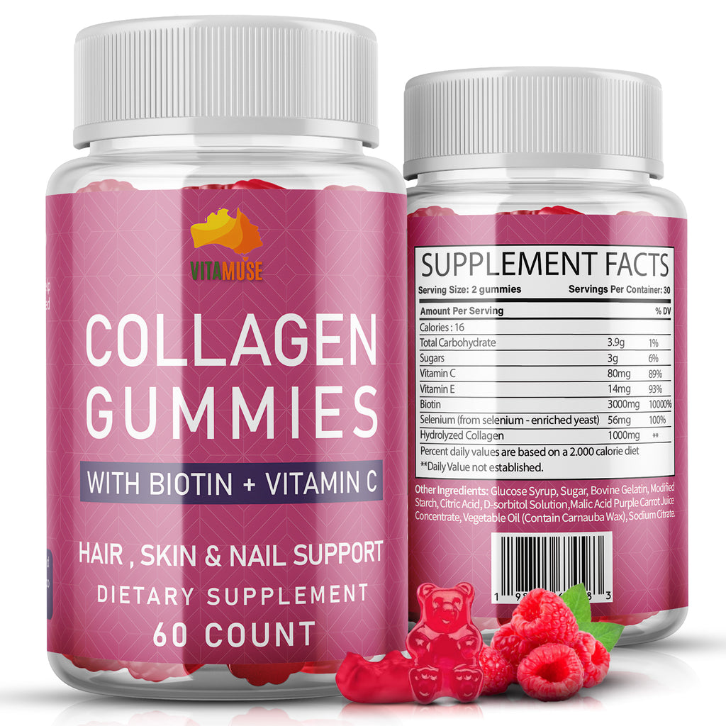 Collagen Peptides Gummies with Biotin, Vitamin C & E for Women & Men - Hair, Skin, Nails & Joints - Gluten-Free, Non-GMO - 60 Gummies