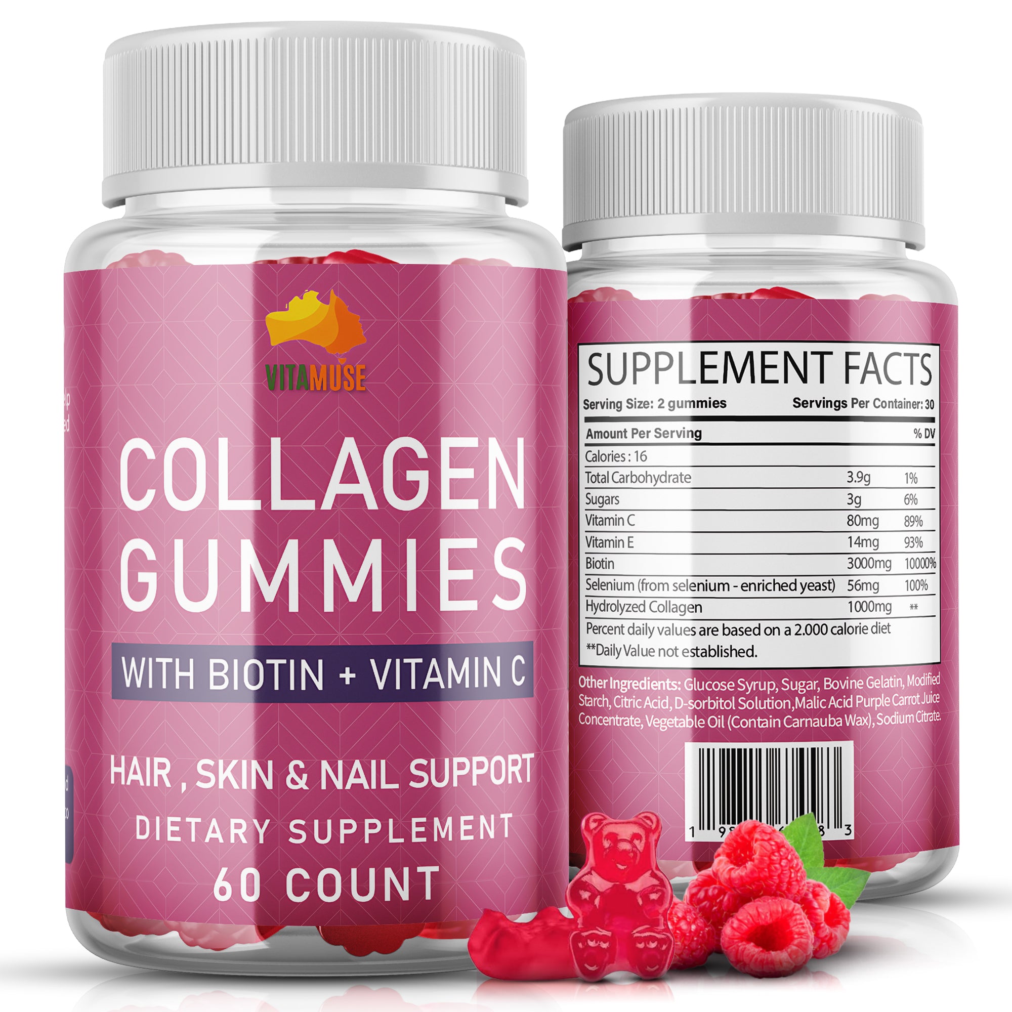 Collagen Peptides Gummies with Biotin, Vitamin C & E for Women & Men - Hair, Skin, Nails & Joints - Gluten-Free, Non-GMO - 60 Gummies