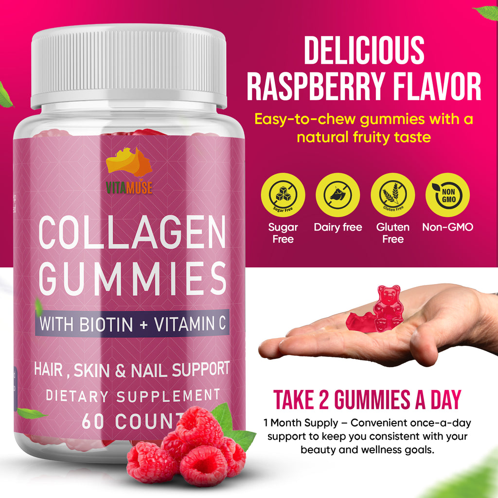 Collagen Peptides Gummies with Biotin, Vitamin C & E for Women & Men - Hair, Skin, Nails & Joints - Gluten-Free, Non-GMO - 60 Gummies