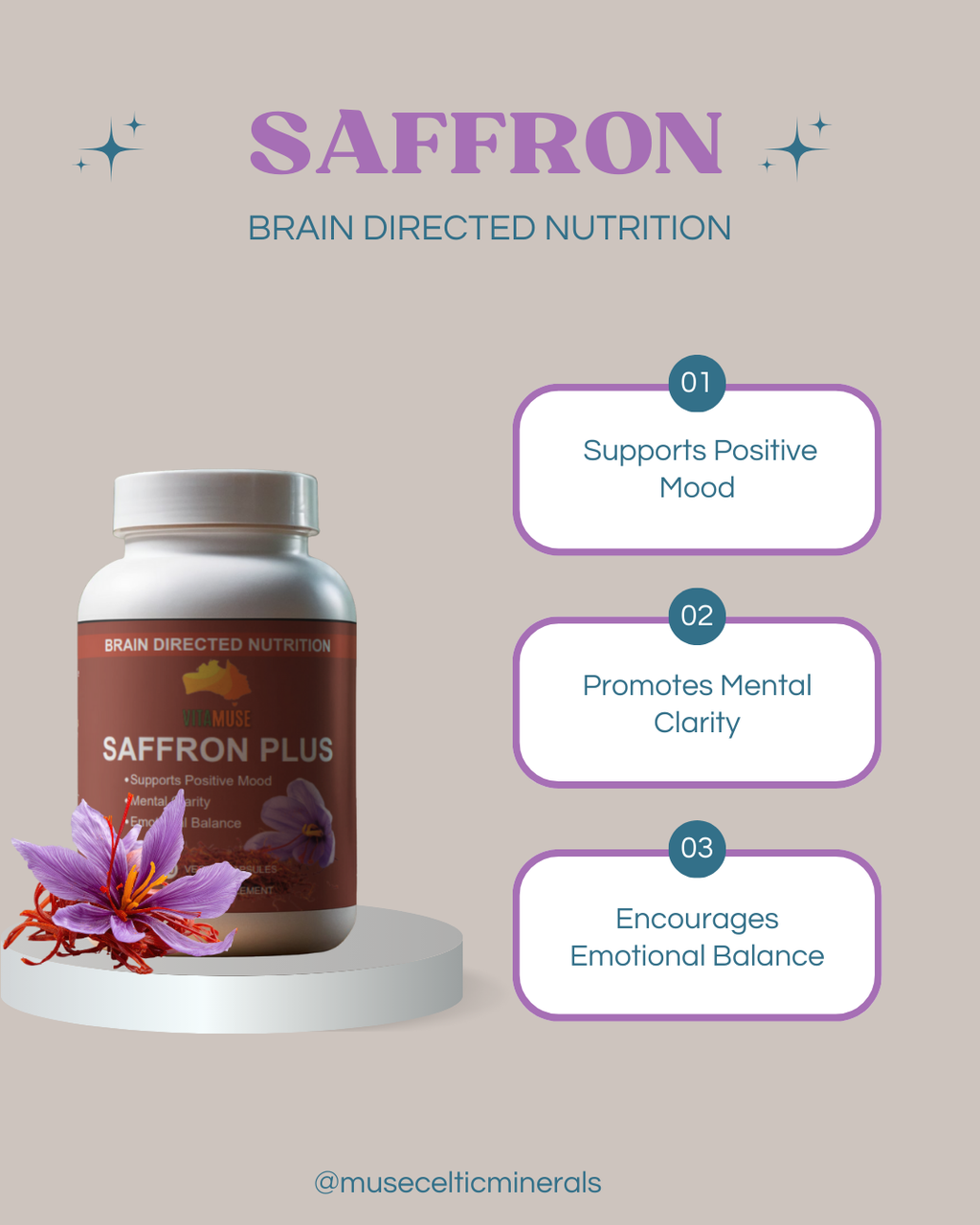 Muse Celtic Minerals Mood & Mind Support with Saffron, Curcumin & Zinc, 60 Vegan Capsules, Herbal Supplement for Emotional Balance and Mental Clarity