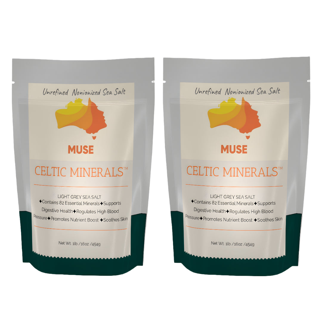 Muse Celtic Style Salt 2 pack  French Grey organic pure unrefined Hand Harvested in France Light grey 1 pound Contains 82 minerals Resealable Bag Unrefined Organic (Pack of 2 resealable )