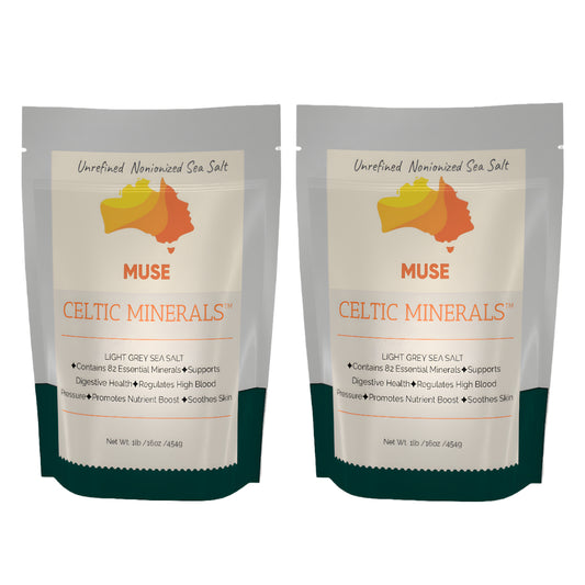 Muse Celtic Style Salt 2 pack  French Grey organic pure unrefined Hand Harvested in France Light grey 1 pound Contains 82 minerals Resealable Bag Unrefined Organic (Pack of 2 resealable )