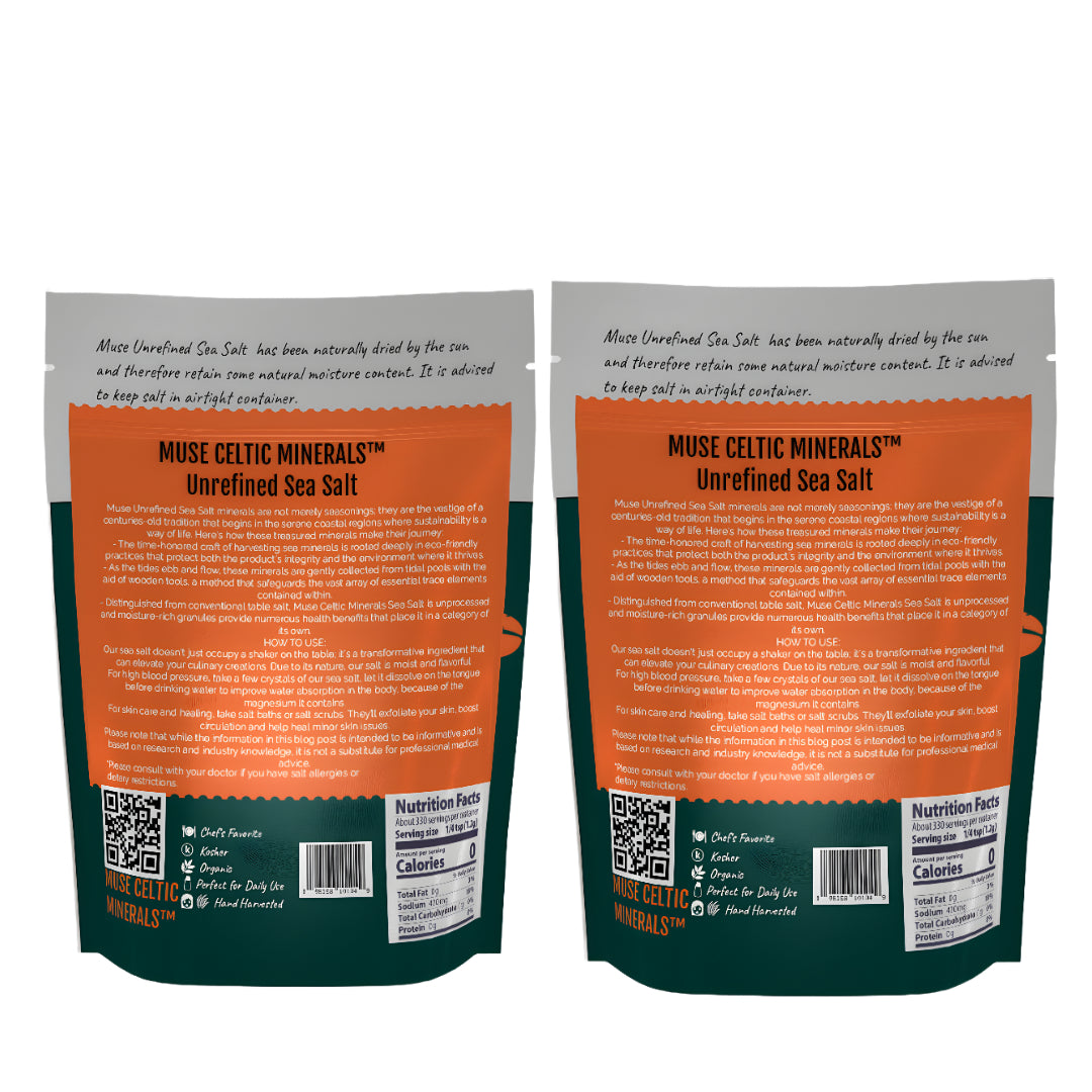Muse Celtic Style Salt 2 pack  French Grey organic pure unrefined Hand Harvested in France Light grey 1 pound Contains 82 minerals Resealable Bag Unrefined Organic (Pack of 2 resealable )
