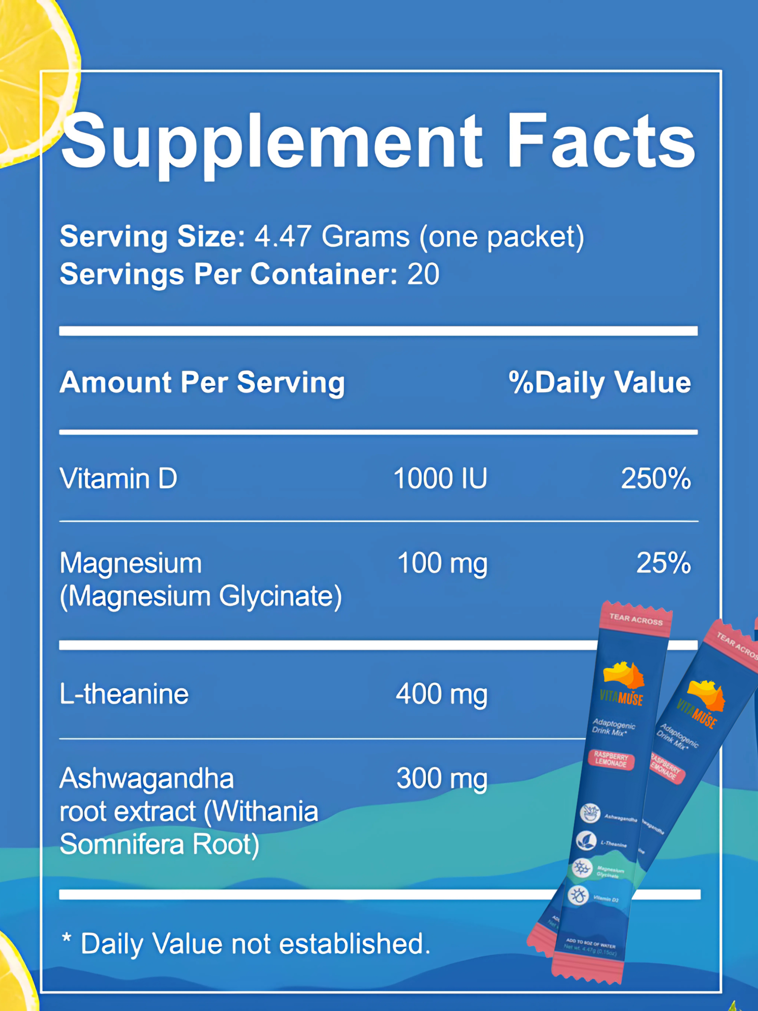 VITAMUSE Magnesium Powdered Drink Mix – Raspberry Lemonade (20 Pack)