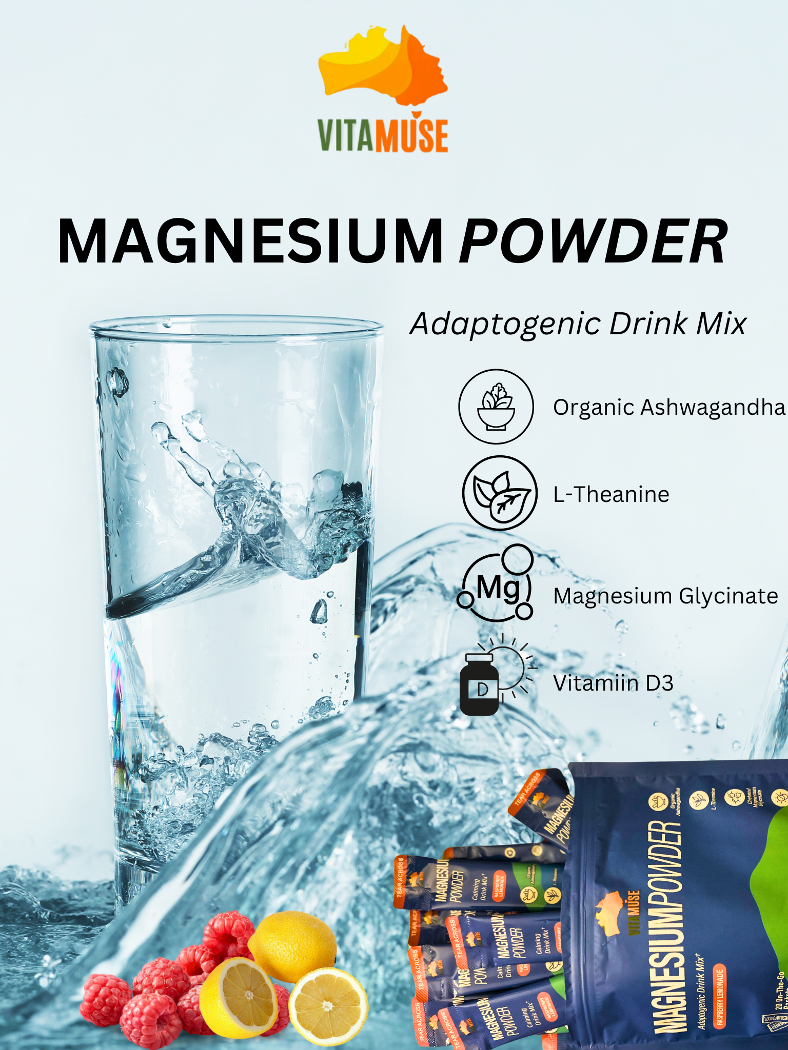 VITAMUSE Magnesium Powdered Drink Mix – Raspberry Lemonade (20 Pack)